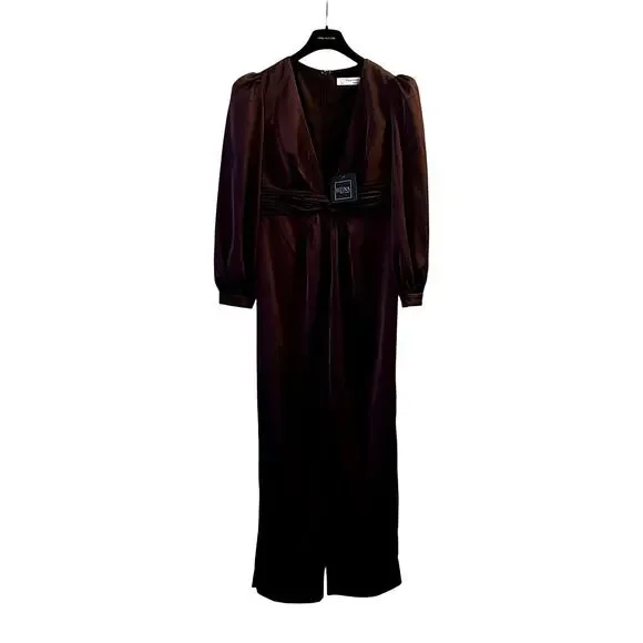 Mac Duggal Plunge Neck Long Sleeve Satin Jumpsuit in Plum Size 12 UB